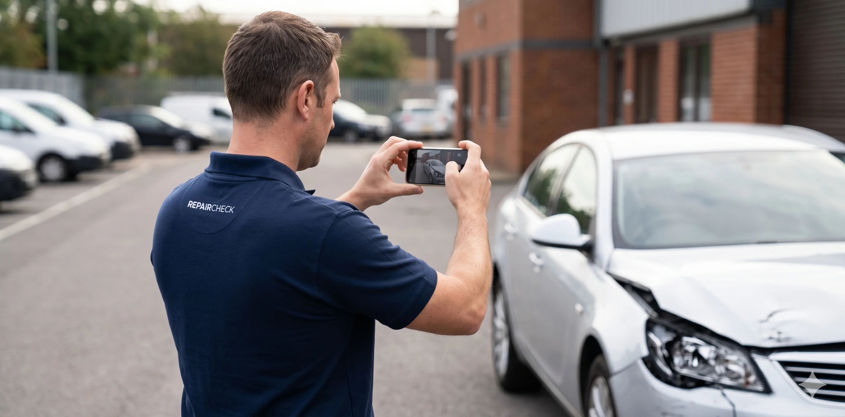 Kfz-Gutachter fotografiert Unfallschaden mit Smartphone