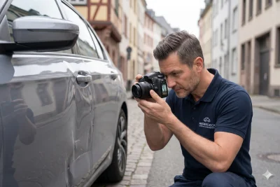 Sachverständiger fotografiert Fahrzeugschaden