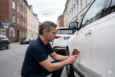 Sachverständiger misst Lackschichtdicke am Fahrzeug