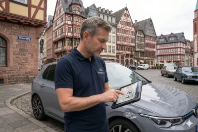 Sachverständiger kalkuliert Schadenskosten auf Tablet