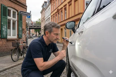 Sachverständiger inspiziert Fahrzeug auf Vorschäden