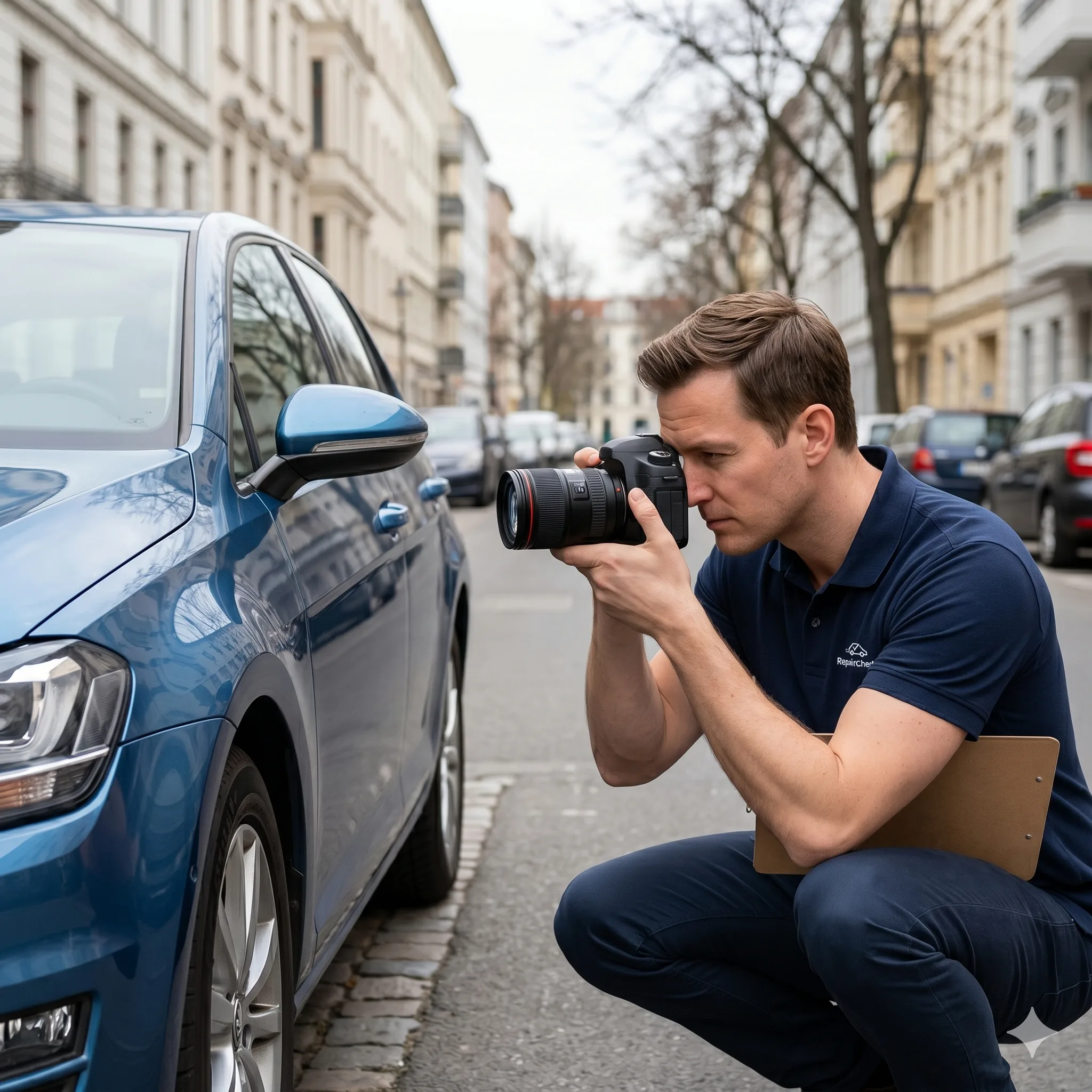 Repaircheck Sachverständiger fotografiert Unfallschaden