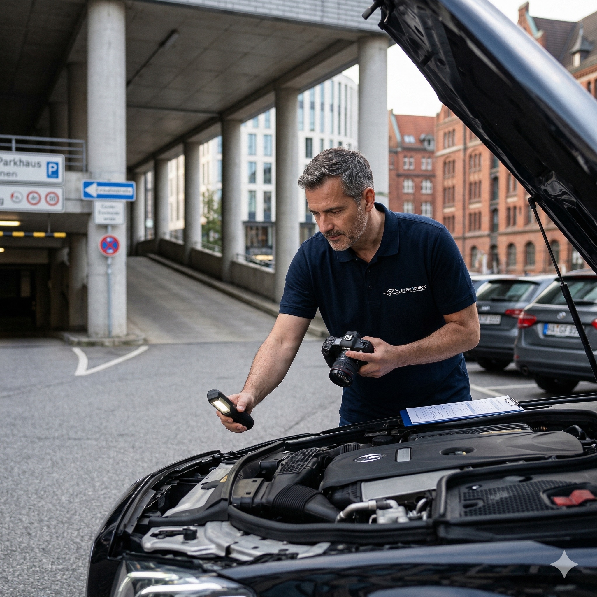 KFZ-Gutachter bei der Fahrzeugbegutachtung