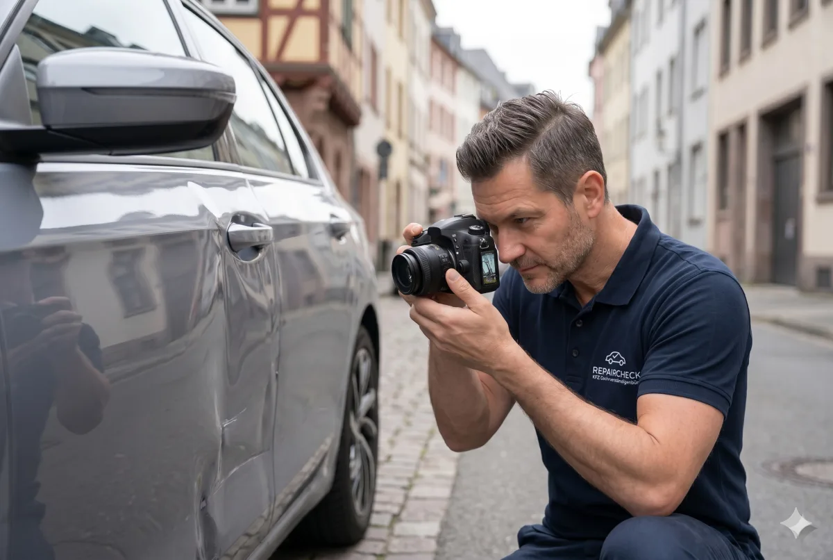 KFZ-Sachverständiger fotografiert Fahrzeugschaden