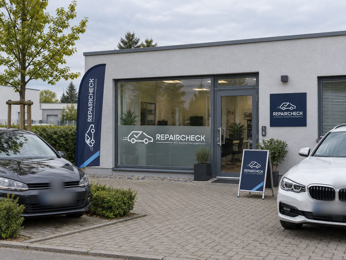 Sachverständigenbüro von außen mit Repaircheck-Fensterbeschriftung, Schild neben der Tür, Werbeflagge und Kundenstopper