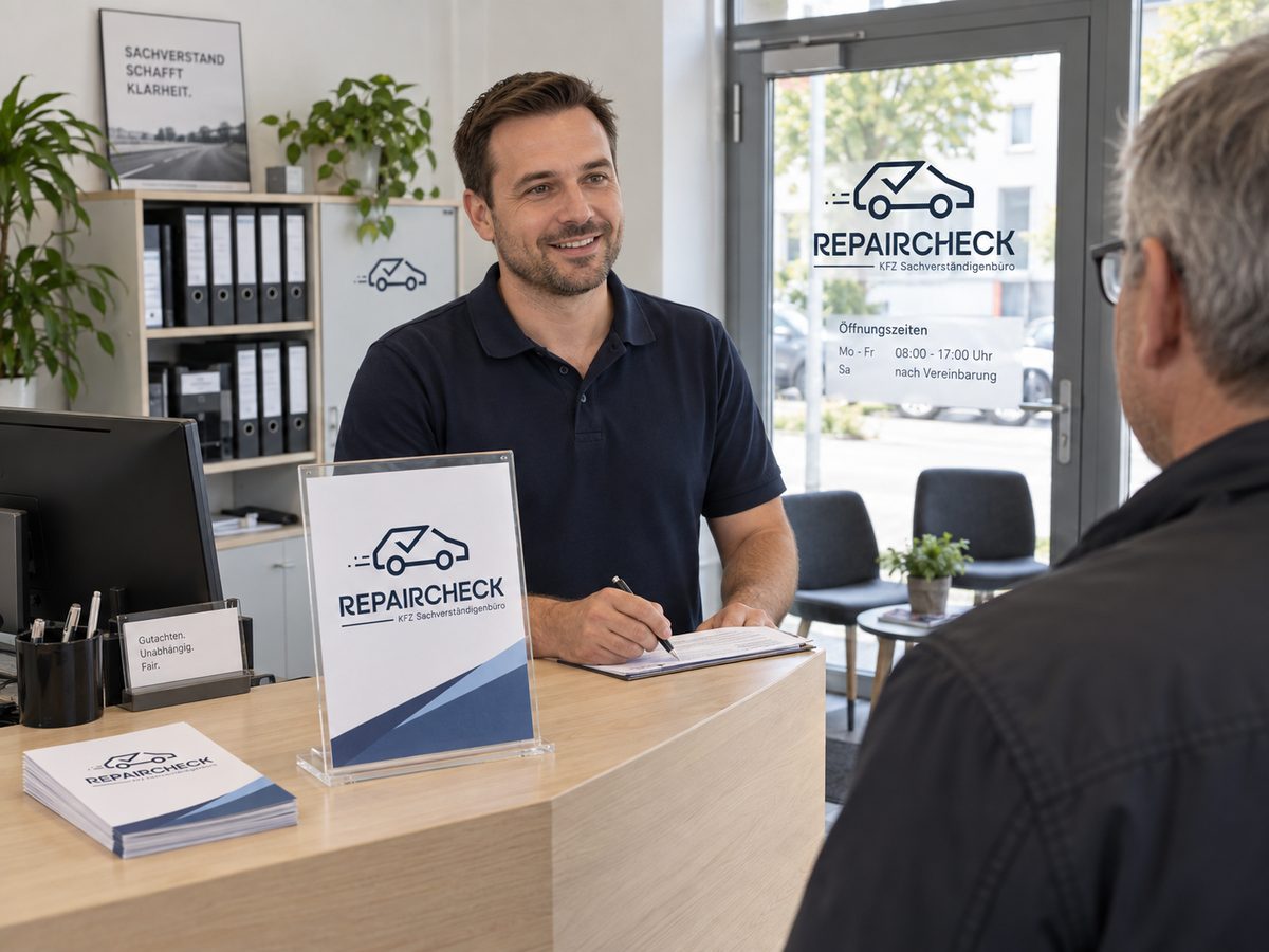 Empfangstresen eines KFZ-Sachverständigenbüros mit Repaircheck-Aufsteller, Flyern und Aufkleber an der Eingangstür