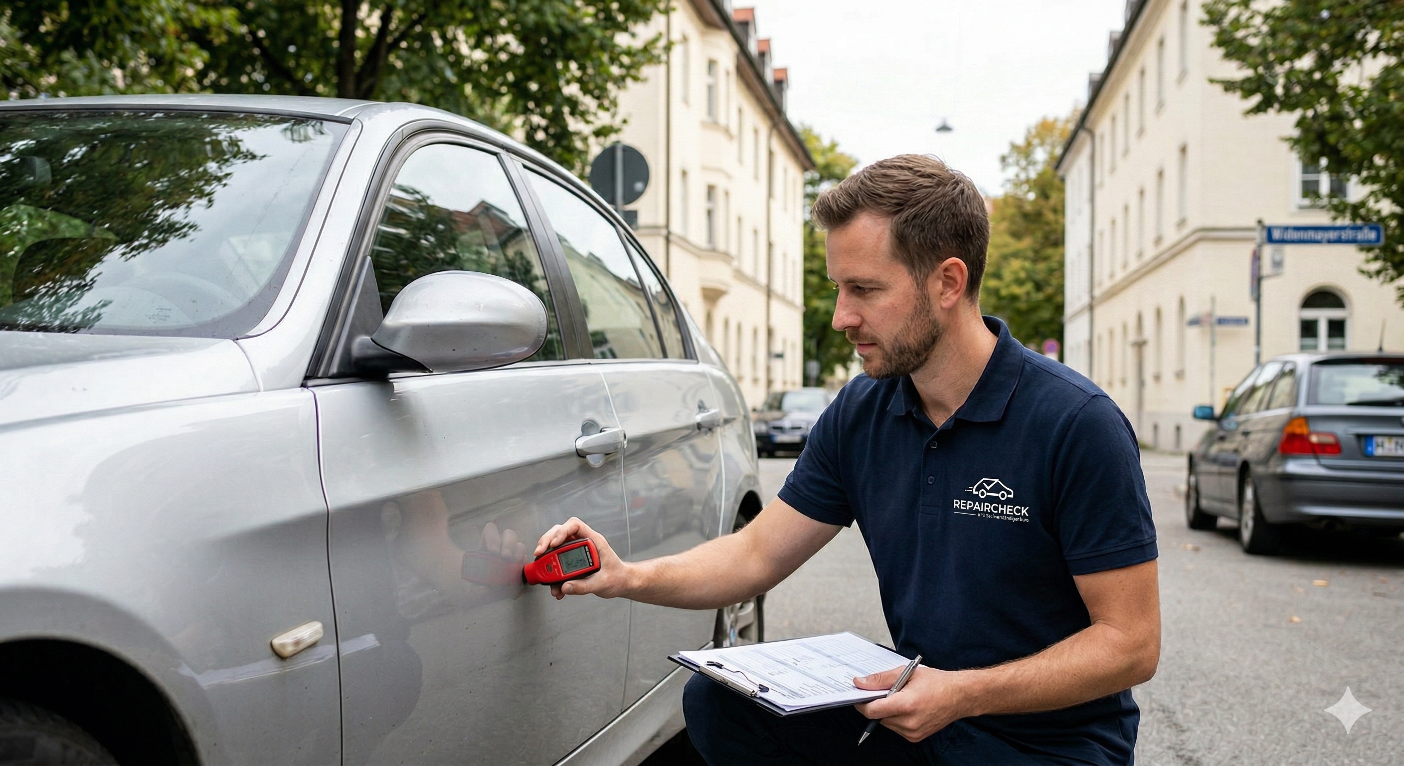 Sachverständiger misst Lackschäden mit Messgerät