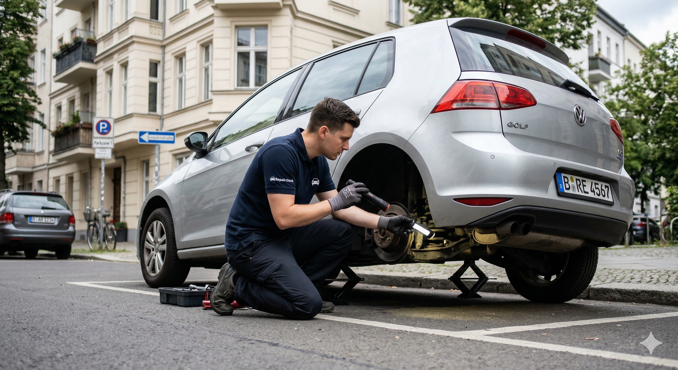 Sachverständiger begutachtet Fahrzeug auf der Straße